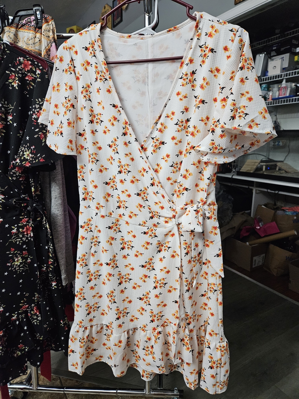 Floral Wrap Mini Dress in White with Orange Print